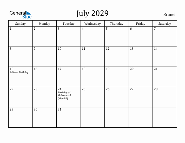 July 2029 Calendar Brunei
