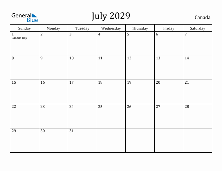 July 2029 Calendar Canada