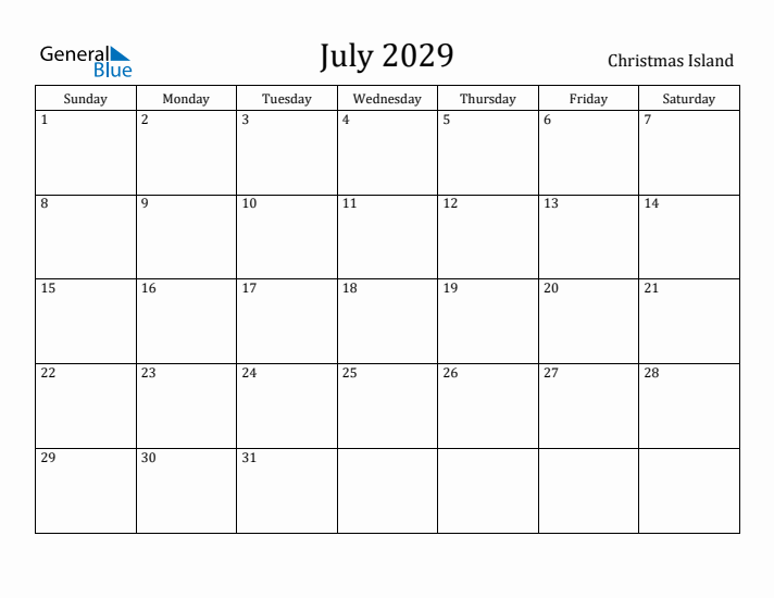 July 2029 Calendar Christmas Island