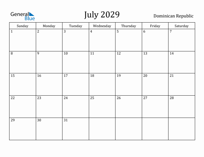July 2029 Calendar Dominican Republic