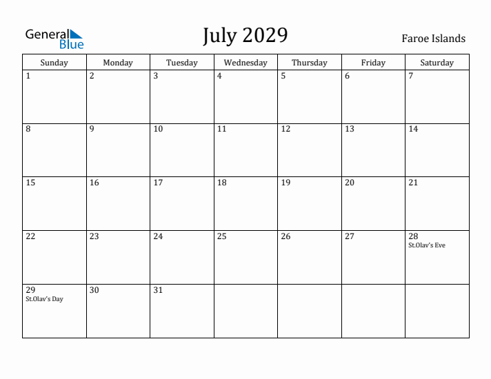 July 2029 Calendar Faroe Islands
