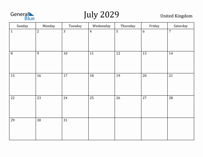 July 2029 Calendar United Kingdom