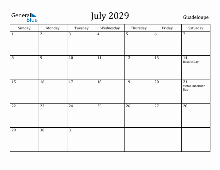 July 2029 Calendar Guadeloupe