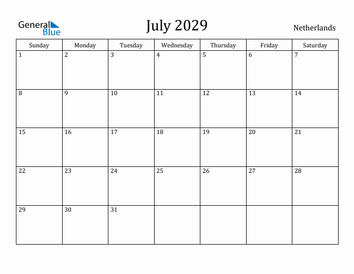 July 2029 Calendar The Netherlands