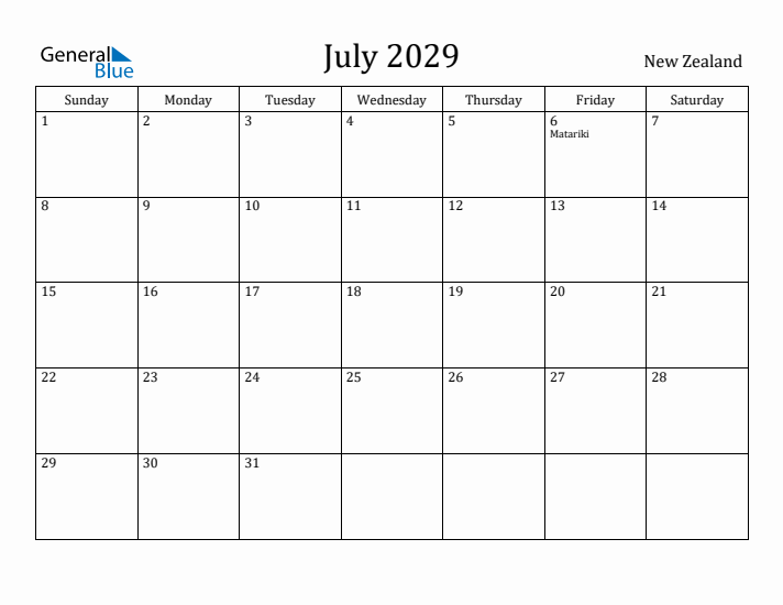 July 2029 Calendar New Zealand