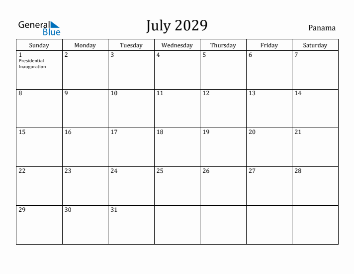 July 2029 Calendar Panama