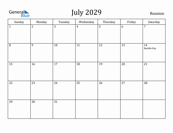 July 2029 Calendar Reunion
