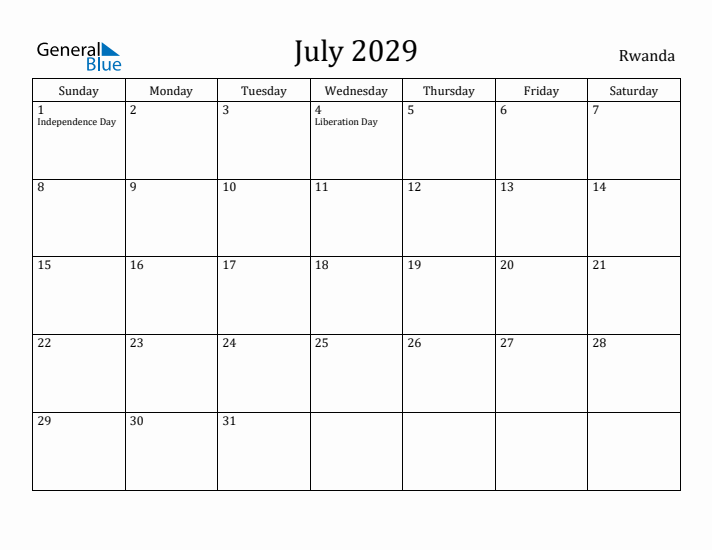 July 2029 Calendar Rwanda