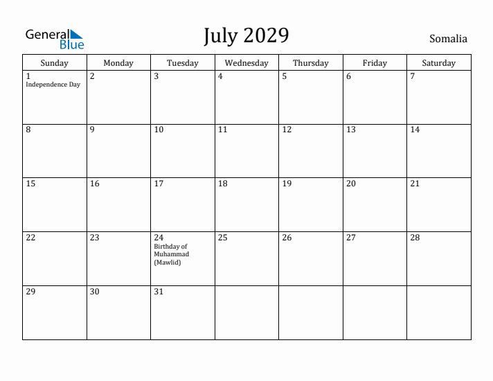 July 2029 Calendar Somalia