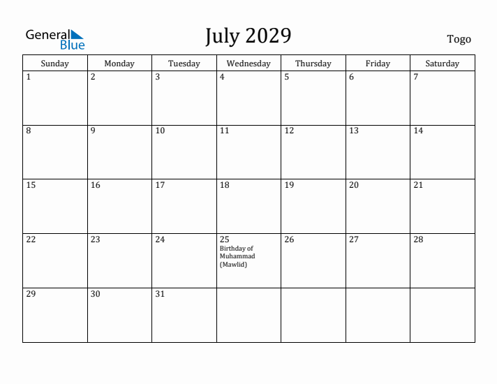 July 2029 Calendar Togo