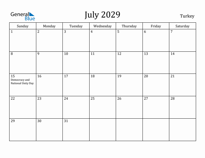 July 2029 Calendar Turkey