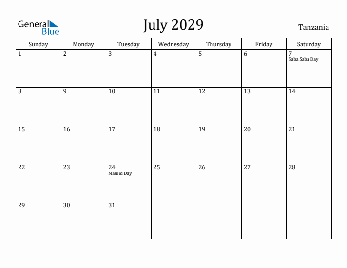July 2029 Calendar Tanzania