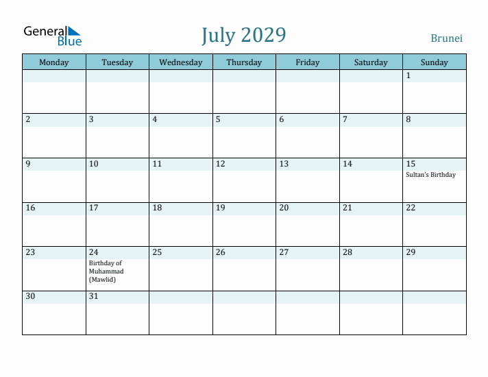 July 2029 Calendar with Holidays