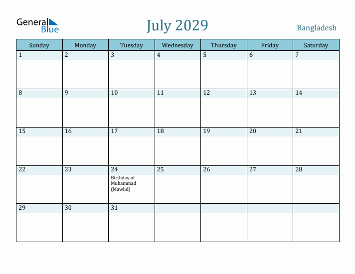 July 2029 Calendar with Holidays