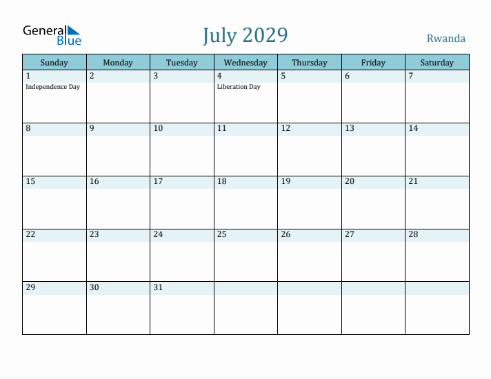 July 2029 Calendar with Holidays