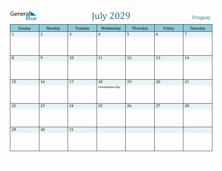 July 2029 Calendar with Holidays