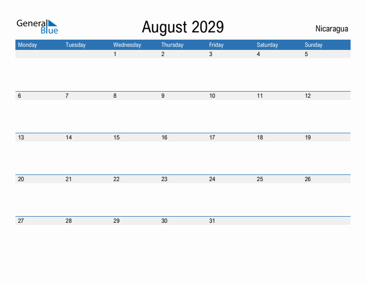 Fillable August 2029 Calendar