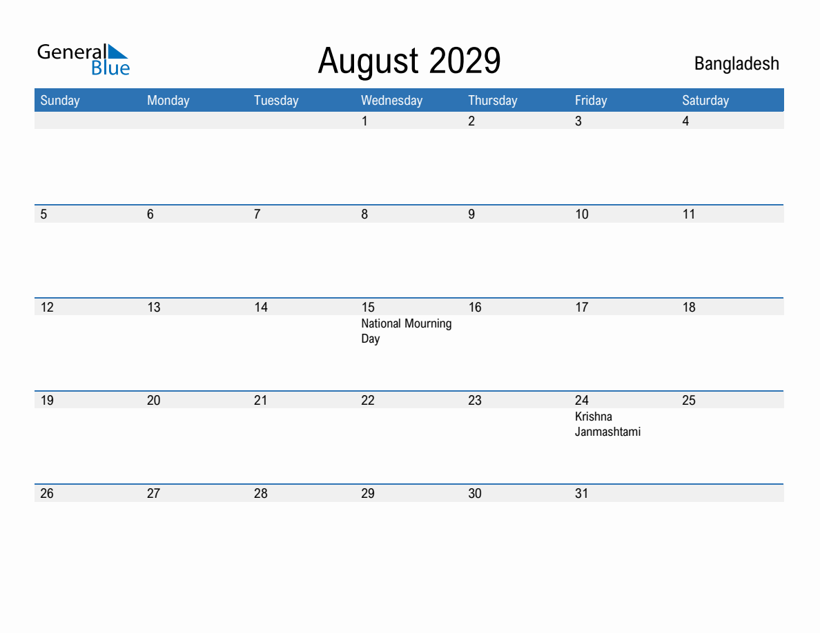 Editable August 2029 Calendar with Bangladesh Holidays