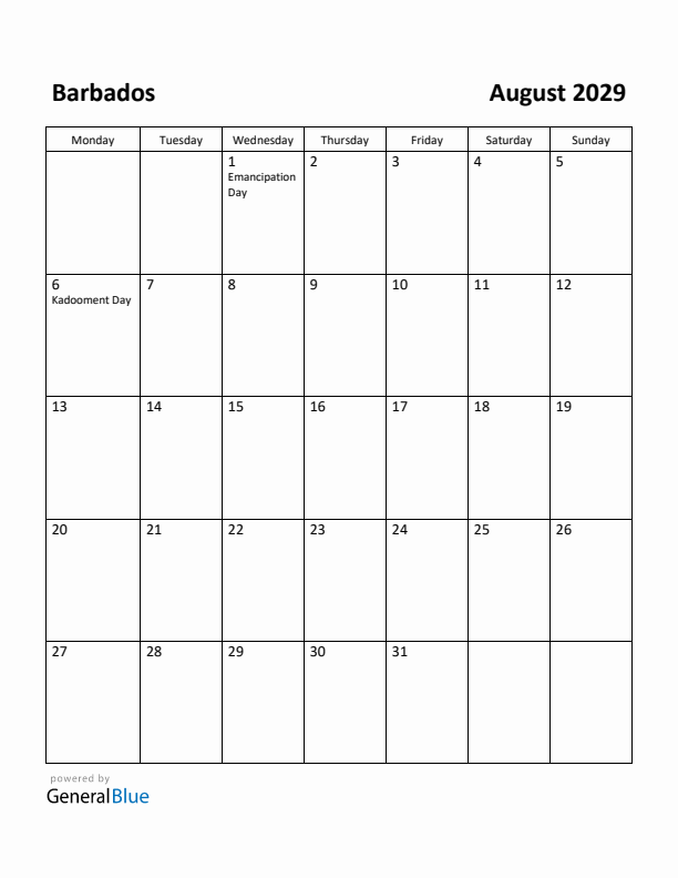 August 2029 Calendar with Barbados Holidays
