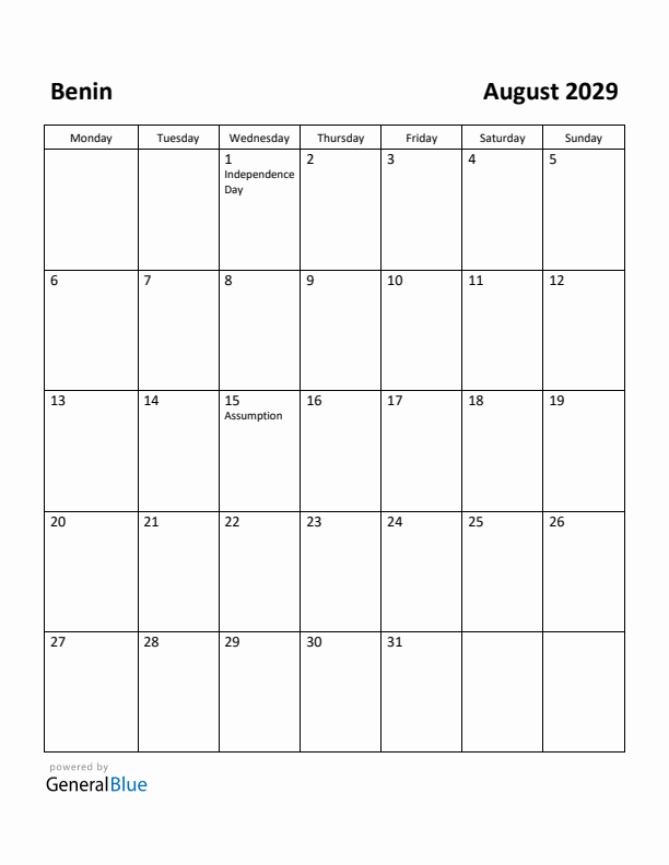 August 2029 Calendar with Benin Holidays