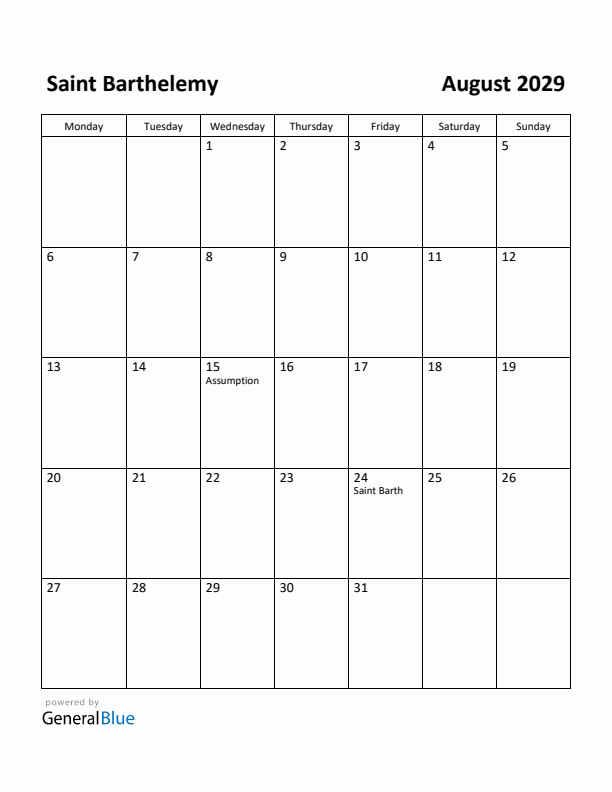 August 2029 Calendar with Saint Barthelemy Holidays