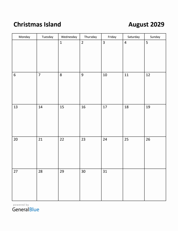 August 2029 Calendar with Christmas Island Holidays