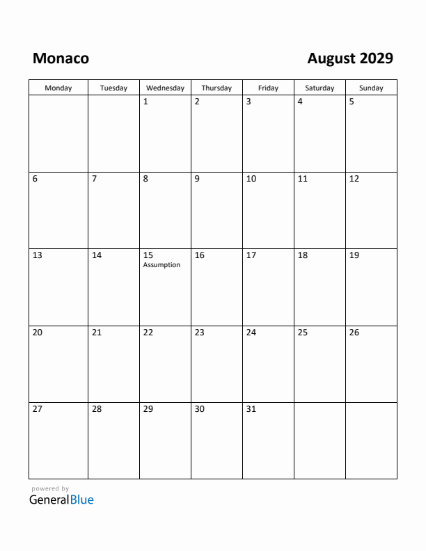 August 2029 Calendar with Monaco Holidays