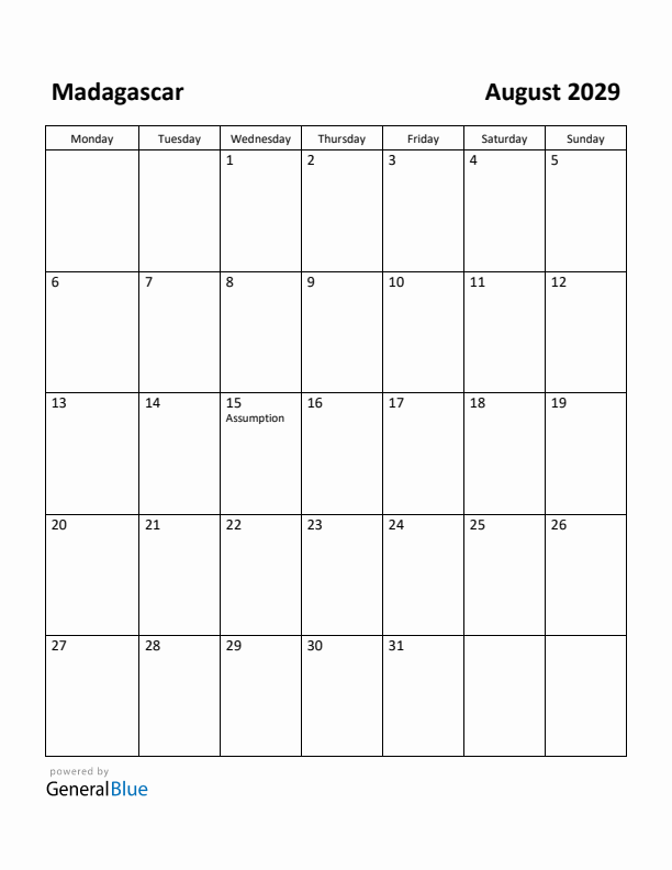 August 2029 Calendar with Madagascar Holidays
