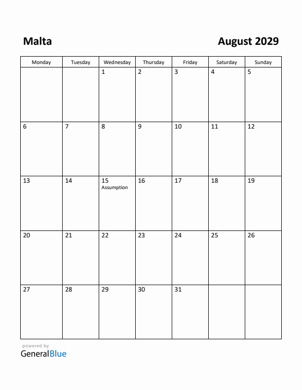 August 2029 Calendar with Malta Holidays