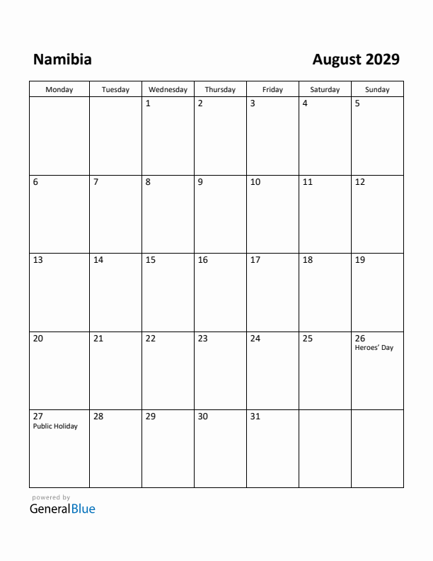 August 2029 Calendar with Namibia Holidays
