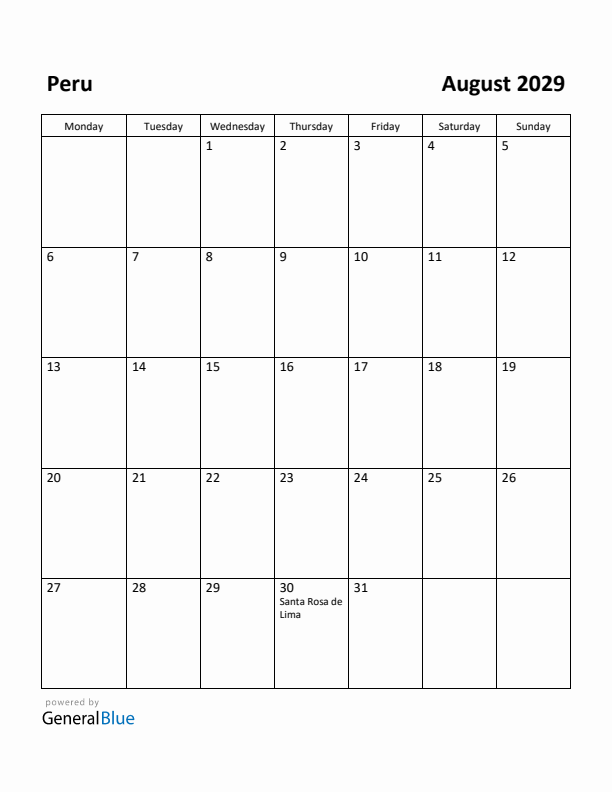 August 2029 Calendar with Peru Holidays