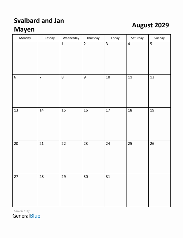 August 2029 Calendar with Svalbard and Jan Mayen Holidays