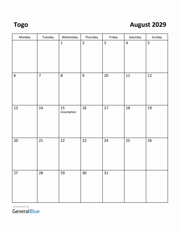 August 2029 Calendar with Togo Holidays
