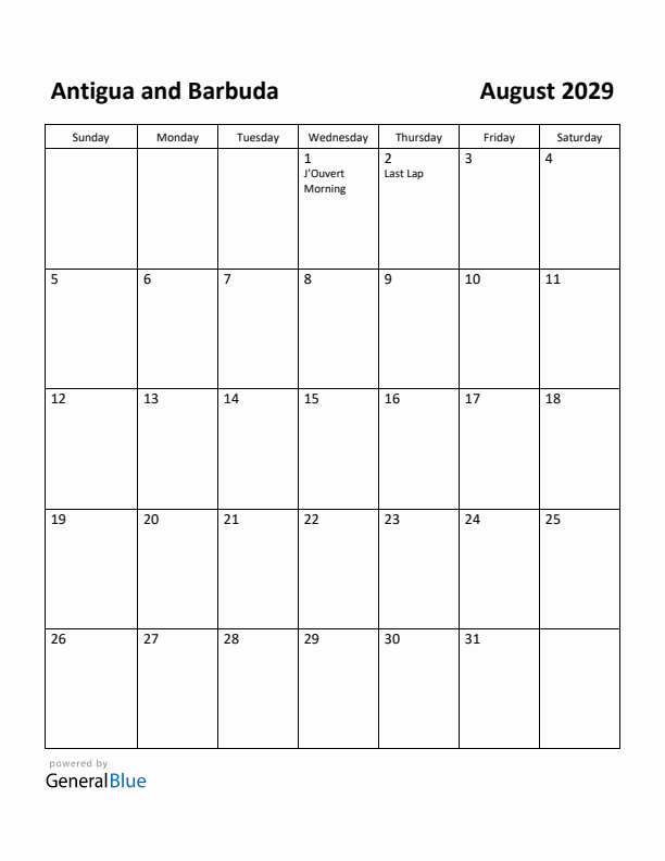 August 2029 Calendar with Antigua and Barbuda Holidays