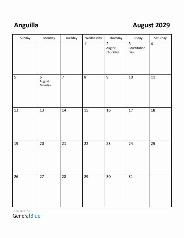August 2029 Calendar with Anguilla Holidays