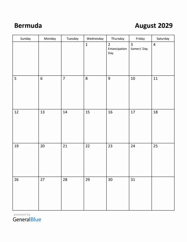 August 2029 Calendar with Bermuda Holidays