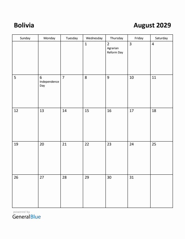 August 2029 Calendar with Bolivia Holidays
