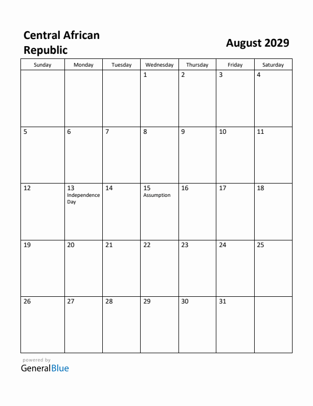 August 2029 Calendar with Central African Republic Holidays