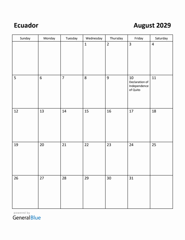 August 2029 Calendar with Ecuador Holidays
