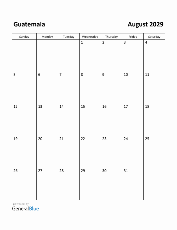 August 2029 Calendar with Guatemala Holidays