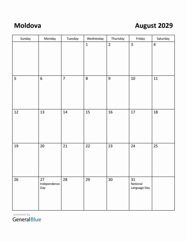 August 2029 Calendar with Moldova Holidays