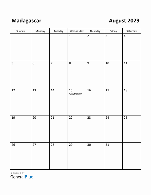 August 2029 Calendar with Madagascar Holidays