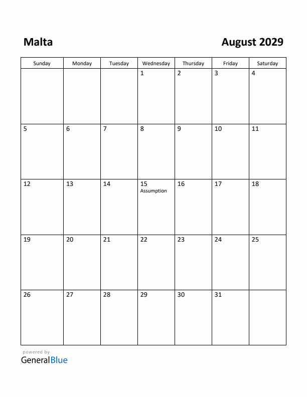 August 2029 Calendar with Malta Holidays