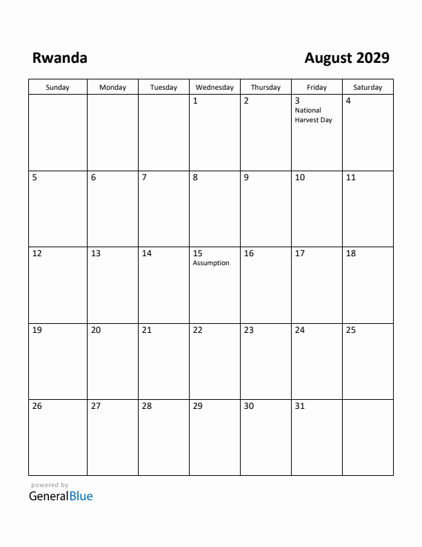 August 2029 Calendar with Rwanda Holidays