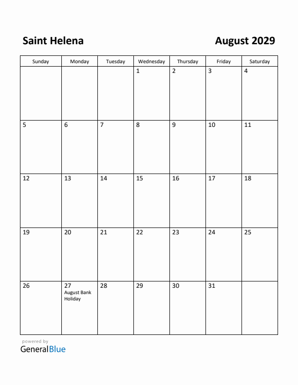 August 2029 Calendar with Saint Helena Holidays