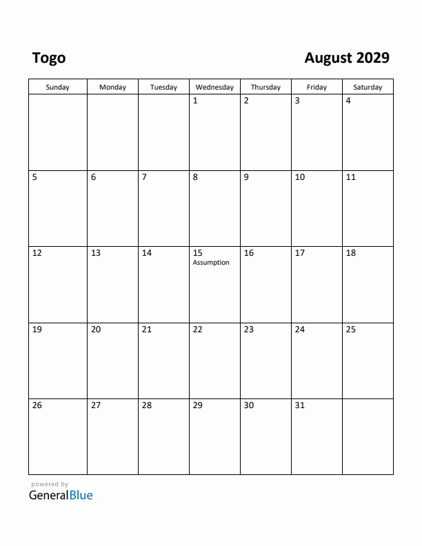 August 2029 Calendar with Togo Holidays