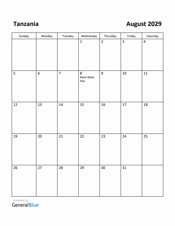 August 2029 Calendar with Tanzania Holidays