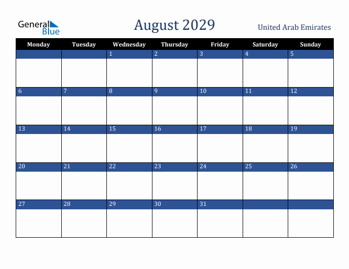 August 2029 United Arab Emirates Calendar (Monday Start)