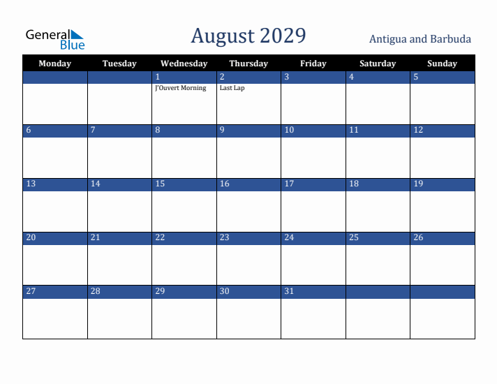 August 2029 Antigua and Barbuda Calendar (Monday Start)