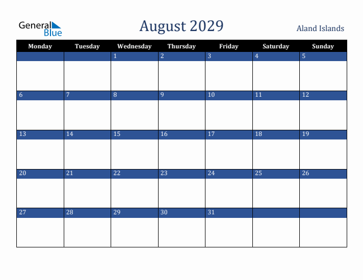 August 2029 Aland Islands Calendar (Monday Start)